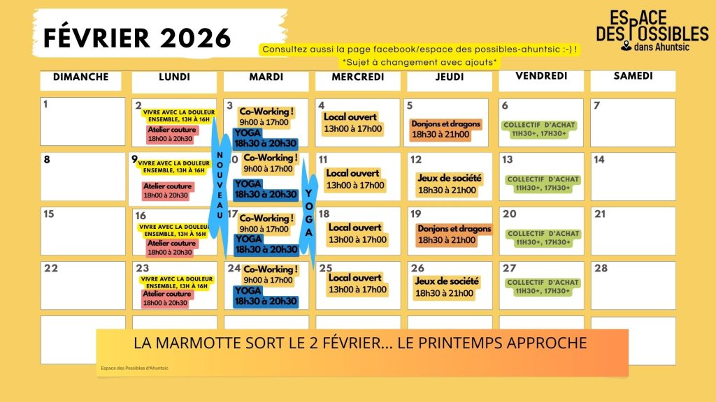 Calendrier des activités de février 2026